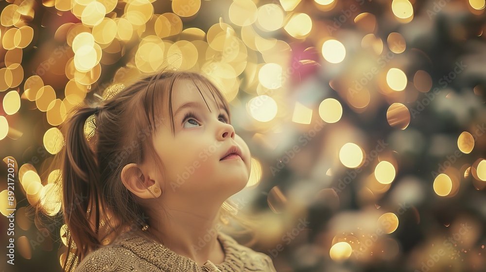 Curious Child Gazing at Holiday Lights, Enchanted Expressions, Golden Bokeh Background, Festive Season Magic Curious Child Gazing at Holiday Lights, Enchanted Expressions, Golden Bokeh Background, Festive Season Magic