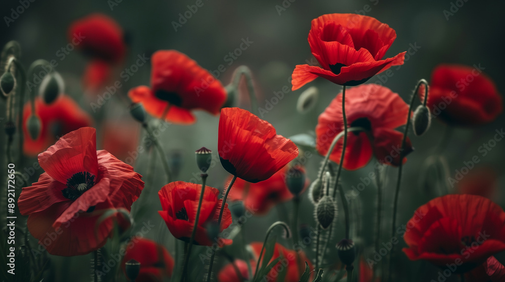 Fototapeta premium wild field blooms with vibrant red poppies at sunset
