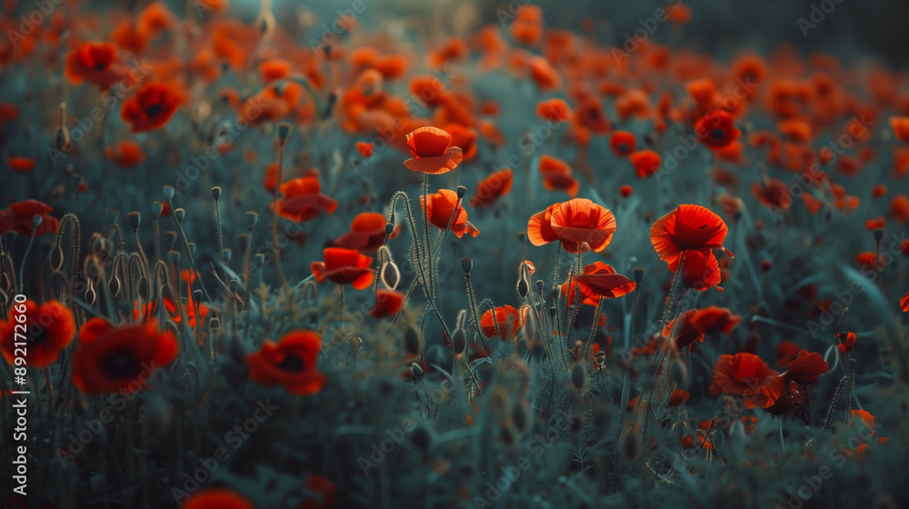 Obraz premium wild field blooms with vibrant red poppies at sunset