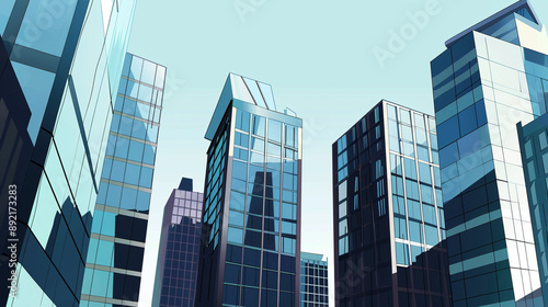 Wallpaper Mural illustrations showcasing futuristic skyscrapers with sleek, modern designs. The buildings feature reflective glass facades and are set against clear blue skies, creating a vision of advanced urban arc Torontodigital.ca