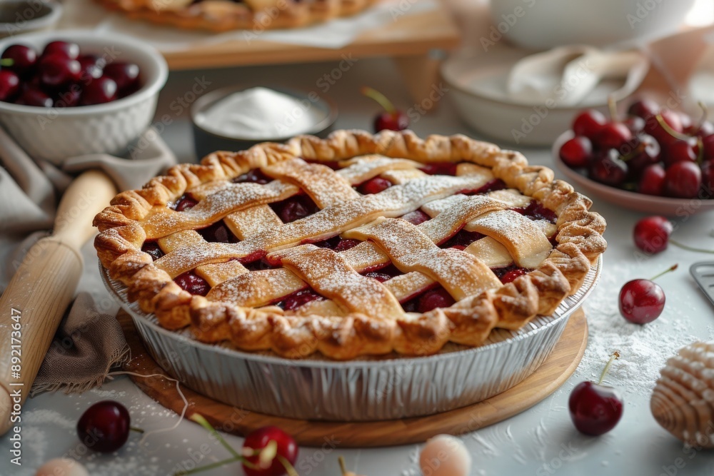 A freshly baked cherry pie sits on a kitchen counter, surrounded by cherries, powdered sugar, and a rolling pin A freshly baked cherry pie sits on a kitchen counter, surrounded by cherries, powdered sugar, and a rolling pin