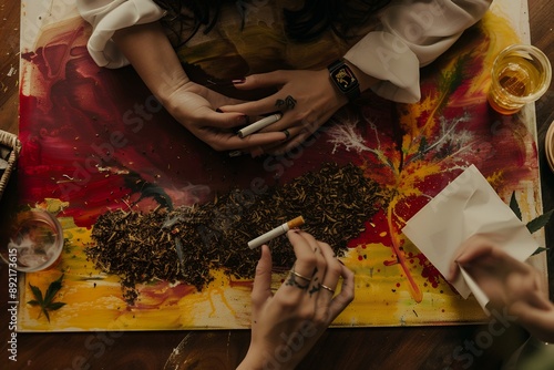 a woman rolling her own cigarette on the table, there is an abstract painting of red and yellow colors in front of it with loose tea leaves spilling out from under its edge, there's another ashtray ne