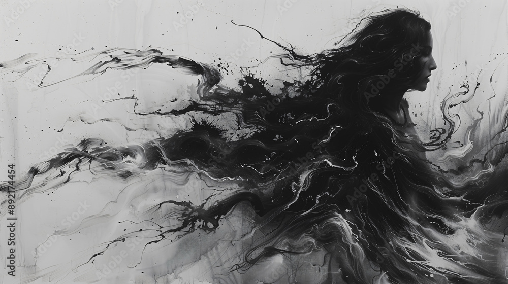 Obraz premium Abstract ink illustration of a woman black and white background