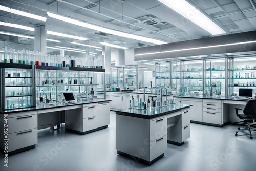 Interior of bright and ultra modern high-tech lab with computers, laboratory equipment, analyzing science machines. Reagents and device in laboratory. High tech futuristic concept. Copy ad text space