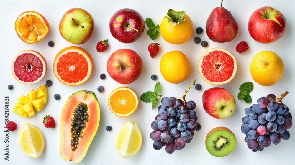 Minimalist flat lay of assorted fresh fruits arranged on a white table Minimalist flat lay of assorted fresh fruits arranged on a white table