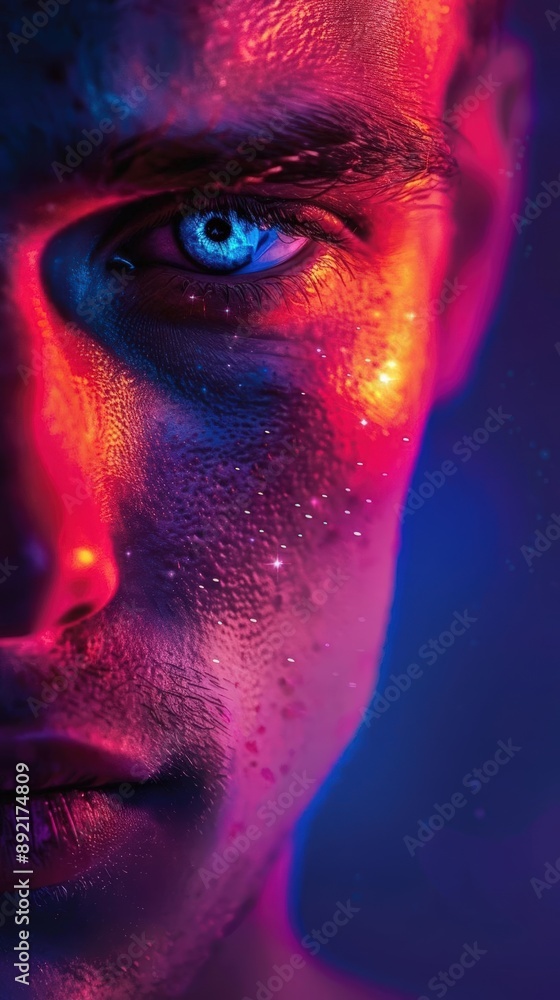A Close-up Shot of a Human faces with radiant, digital gradients A Close-up Shot of a Human faces with radiant, digital gradients