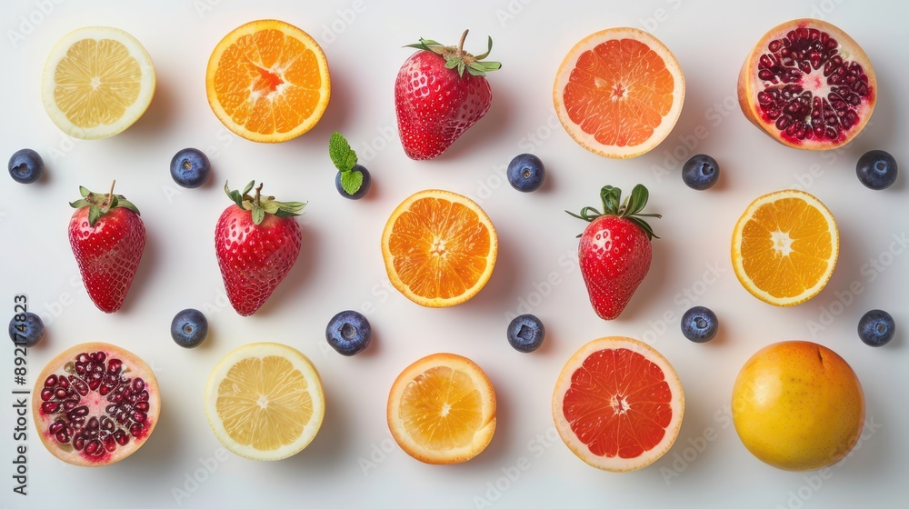 Minimalist flat lay of assorted fresh fruits arranged on a white table Minimalist flat lay of assorted fresh fruits arranged on a white table