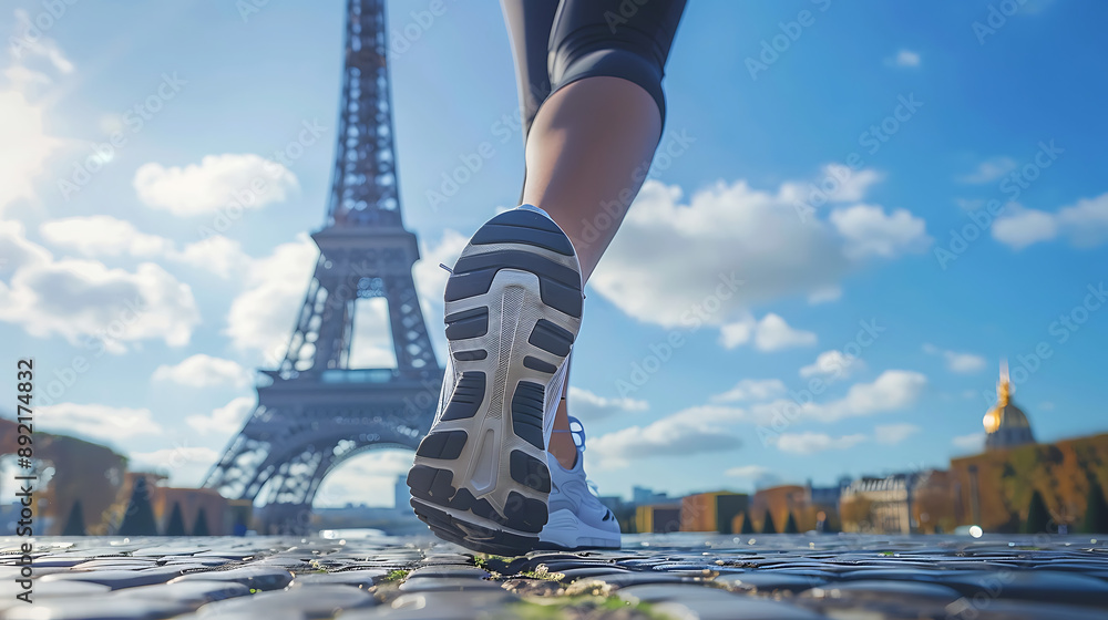 Fototapeta premium the lower half of a person’s legs wearing running shoes, standing on a paved surface with the Eiffel Tower in the background