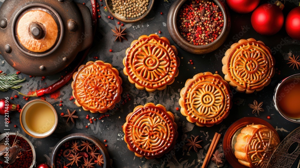 Mooncakes A table of mooncakes is surrounded by festive objects Mooncakes A table of mooncakes is surrounded by festive objects