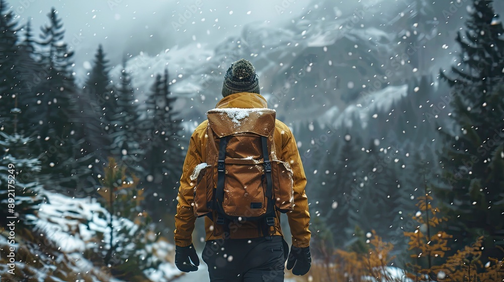 A Gen X man hiking with a backpack through a snowy mountain trail A Gen X man hiking with a backpack through a snowy mountain trail