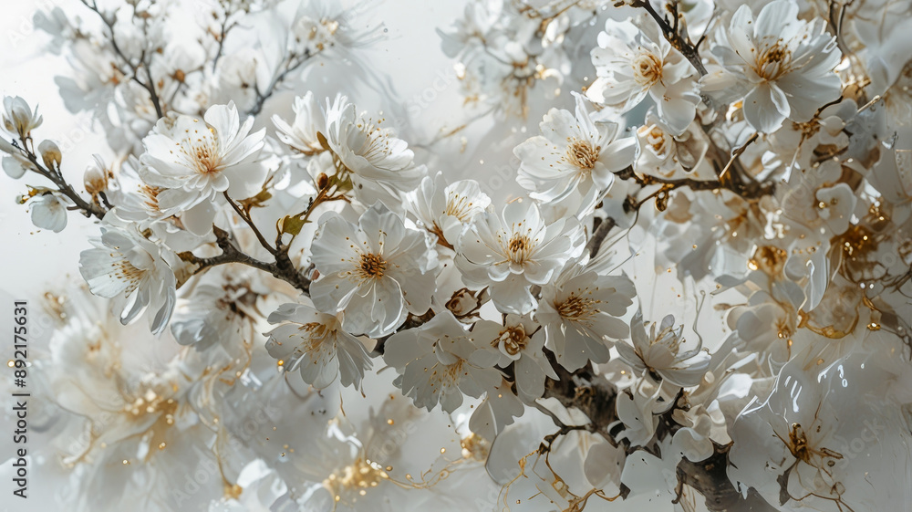 White sakura branches on a white background.
White sakura branches on a white background.