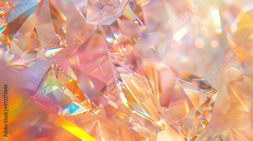 Translucent crystals, their sharp edges and facets catching and refracting light, creating a mesmerizing display of iridescent colors. The crystals range in hue from soft pinks and oranges.