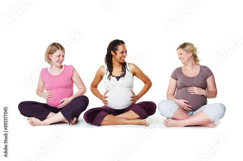 Women, group and pregnant on floor for yoga, smile and conversation in studio by white background. People, mother and wellness club for pregnancy with chat, happy and care with connection for support