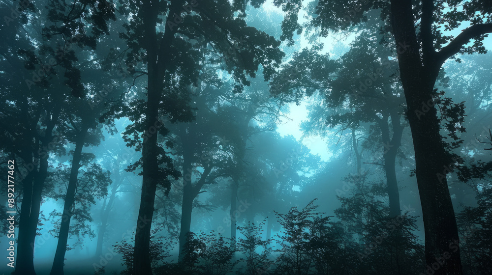 A foggy forest with silhouettes of trees and a mysterious atmosphere. A foggy forest with silhouettes of trees and a mysterious atmosphere.
