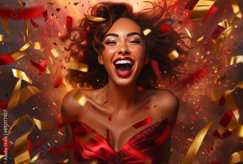 Beautiful women show happy faces, flying confetti at a surprised party, their youthful energy apparent in red and gold.