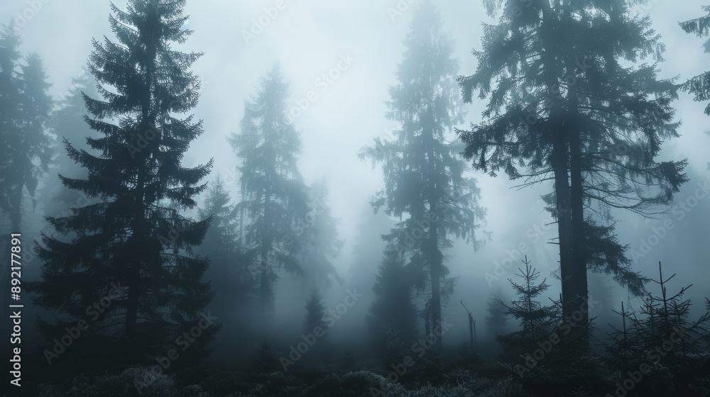A foggy forest with silhouettes of trees and a mysterious atmosphere. A foggy forest with silhouettes of trees and a mysterious atmosphere.