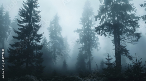 A foggy forest with silhouettes of trees and a mysterious atmosphere.