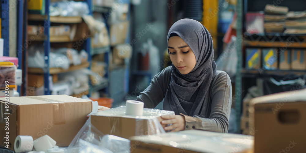 Asian muslim woman working in a warehouse, packing boxes and preparing orders for shipment online delivery concept Asian muslim woman working in a warehouse, packing boxes and preparing orders for shipment online delivery concept