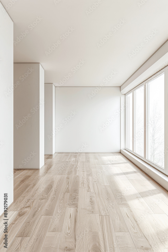 Fototapeta premium Residential empty room interiors with no furniture, natural lighting and ample copy space. Mockup interiors conceptual image.