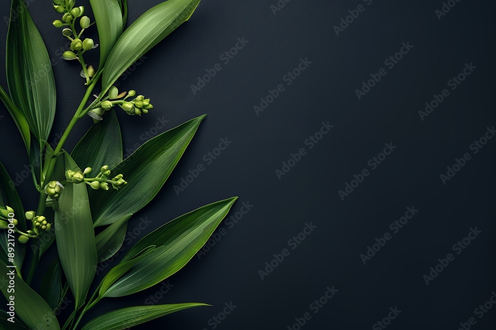 Obraz premium Close up of young green leaves and buds on an orchid flower isolated on a black background with copy space, in a flat lay, top view. 