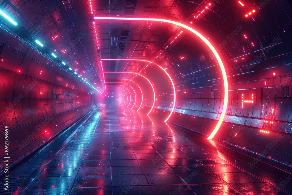 Obraz premium Futuristic neon-lit tunnel with reflective surfaces, creating a vibrant and colorful sci-fi atmosphere. Perfect for technology-themed projects.