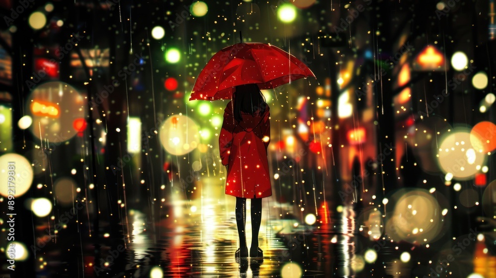 Person with red umbrella in rainy city light scene Person with red umbrella in rainy city light scene