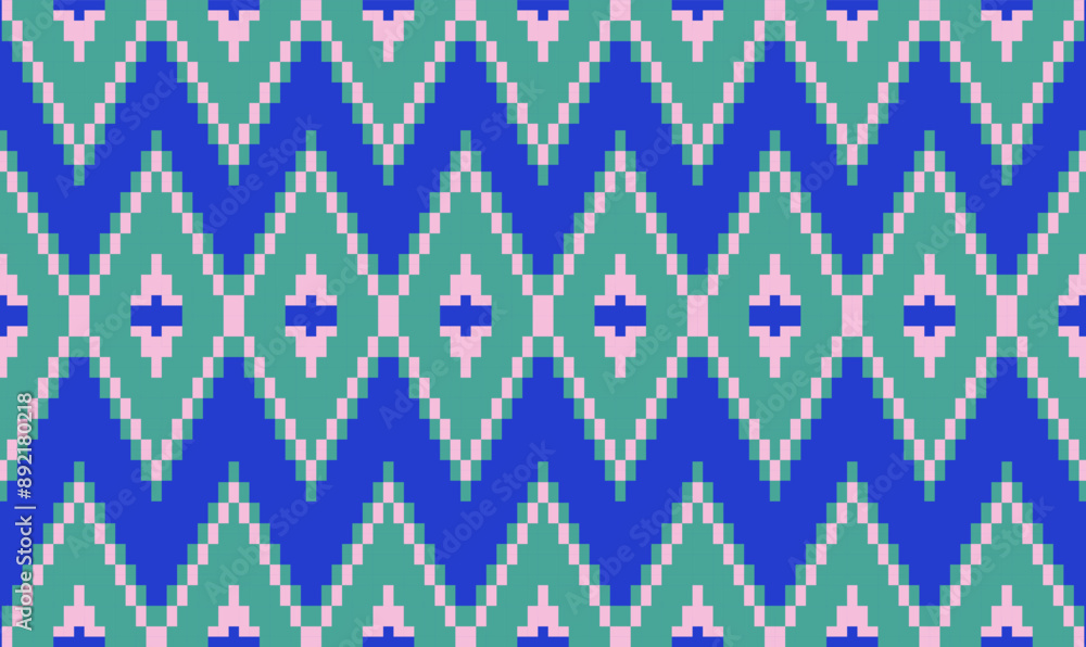 Ethnic geometric fabric pixel pattern cross Stitch. Ikat embroidery in pink and green on blue background. Abstract vector illustration for Textile ,clothing, scarf, motifs, silk and etc. Ethnic geometric fabric pixel pattern cross Stitch. Ikat embroidery in pink and green on blue background. Abstract vector illustration for Textile ,clothing, scarf, motifs, silk and etc.