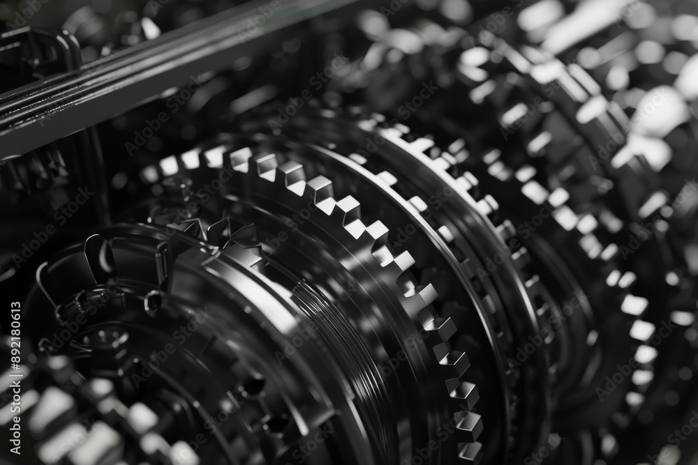 Close-up view of interlocking metal gears in black and white. Suitable for illustrating mechanical engineering, industrial design, and machinery concepts. Close-up view of interlocking metal gears in black and white. Suitable for illustrating mechanical engineering, industrial design, and machinery concepts.