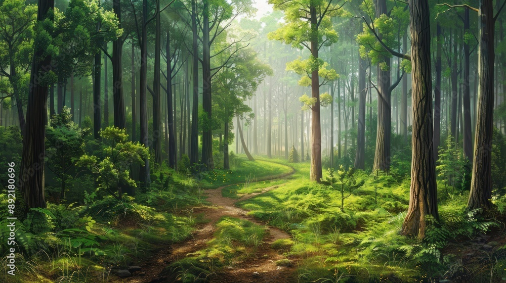 Fototapeta premium A serene forest pathway bathed in soft sunlight.