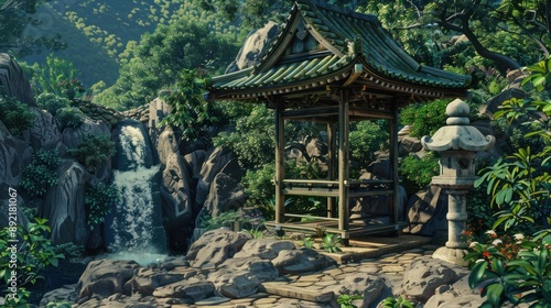 Serene Japanese garden with a waterfall and pavilion.