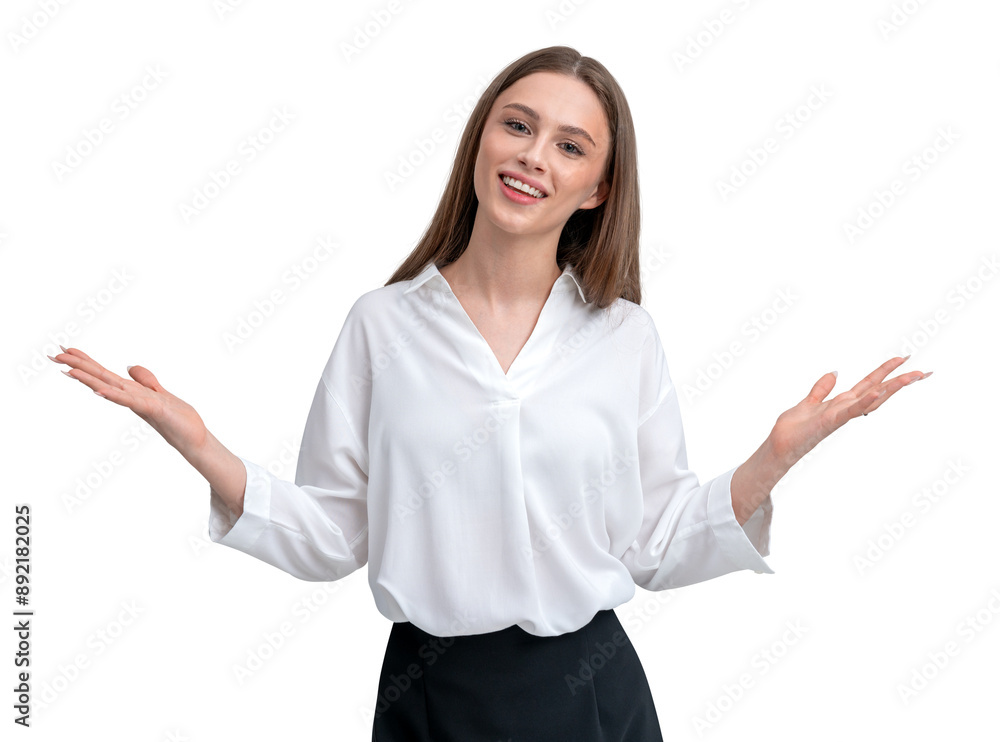 Isolated woman in white blouse with open arms on white backgroun Isolated woman in white blouse with open arms on white backgroun