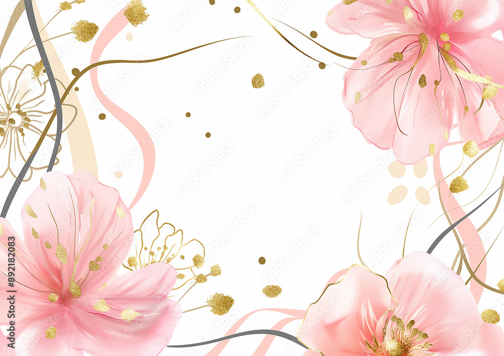 Fototapeta premium abstract art background vector with pink flowers and golden elements, watercolor pink flowers and gold geometric shapes decoration