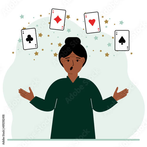Woman holding playing cards cards. Playing combination of 4 aces or four of a kind.