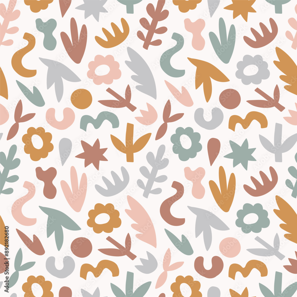 Vector abstract seamless pattern design with simple hand-drawn elements. Neutral seamless floral texture. Decorative shapes and silhouettes repeated background for fabric design. Vector abstract seamless pattern design with simple hand-drawn elements. Neutral seamless floral texture. Decorative shapes and silhouettes repeated background for fabric design.
