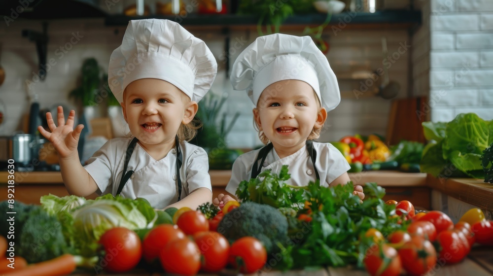 Two children in chefs hats standing in front of a table full of vegetables Two children in chefs hats standing in front of a table full of vegetables