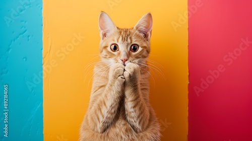 urprised cat covering his mouth with his paws isolated on colorful background photo