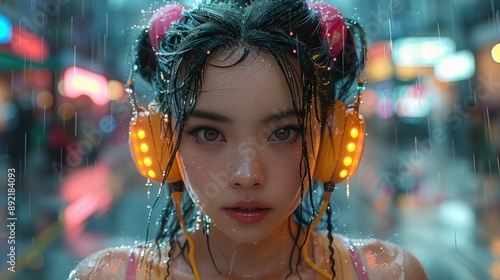 Cyberpunk Gyaru Character in Rain photo