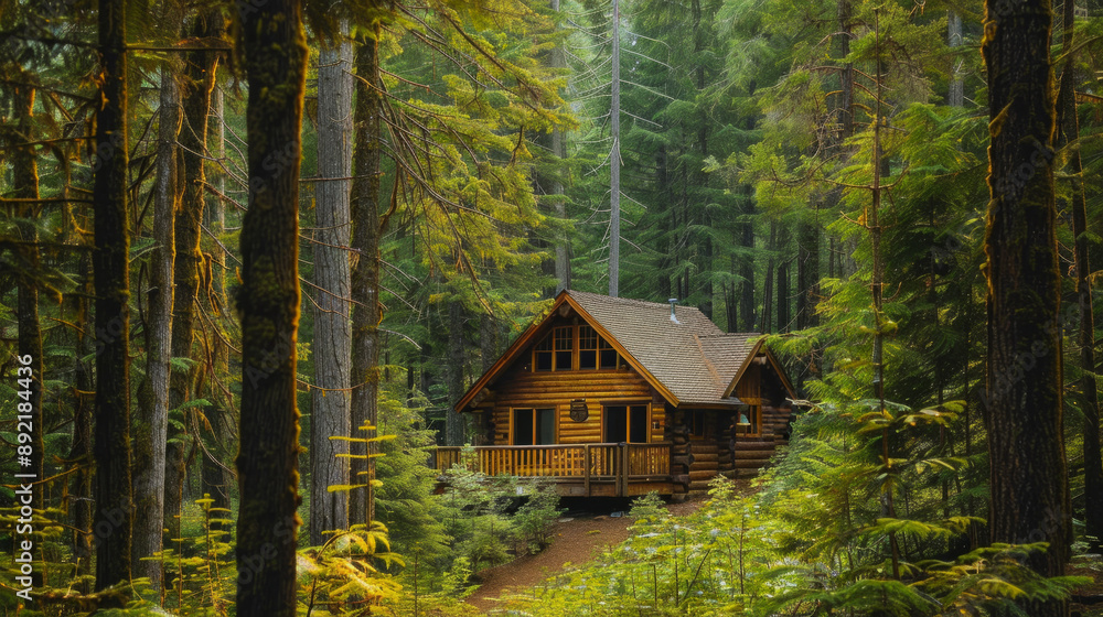 A rustic wooden cabin nestled among tall pine trees in a secluded forest. A rustic wooden cabin nestled among tall pine trees in a secluded forest.