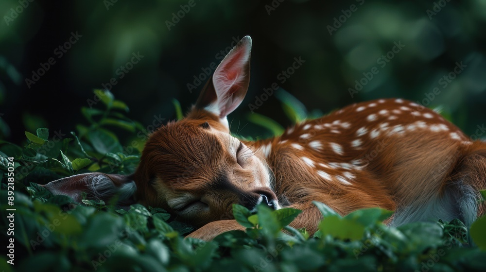 A baby deer is sleeping in the grass A baby deer is sleeping in the grass