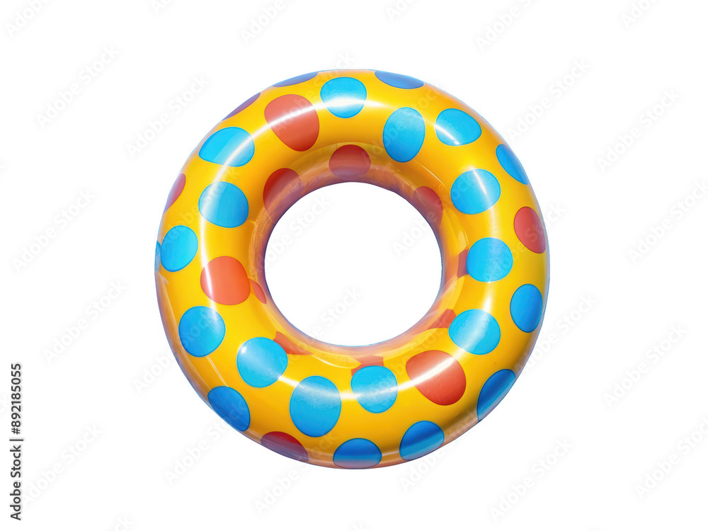 Yellow Polka Dot Pool Float. A vibrant inflatable float with blue and red polka dots, perfect for pool fun. Isolated on transparent background, png.