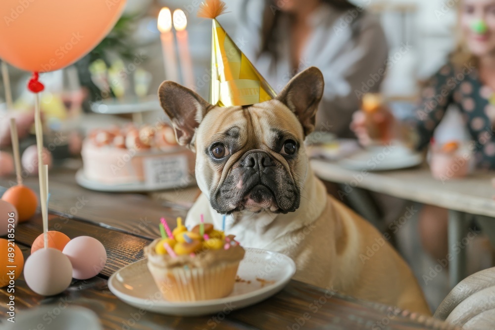 Obraz premium French Bulldog Wearing a Party Hat at a Birthday Celebration