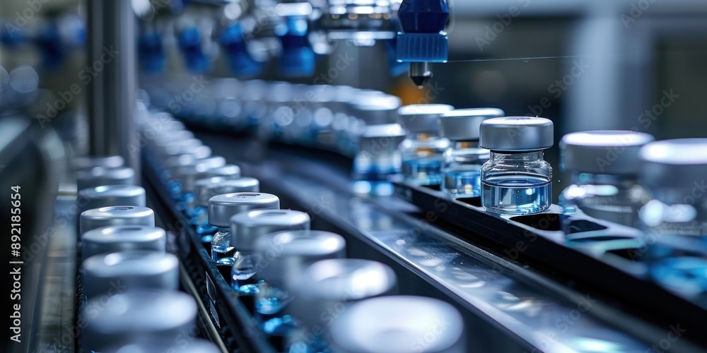 Fototapeta premium industrial pharmaceutical manufacturing vials on production