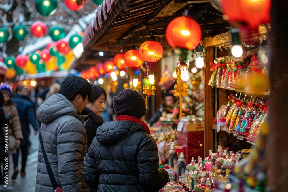 People Shopping At A Festive Market In The Snow People Shopping At A Festive Market In The Snow