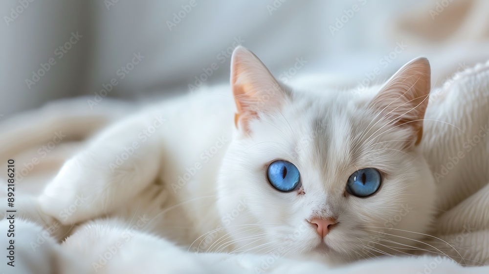 Fototapeta premium white cat portrait blue eye cute animal blur background