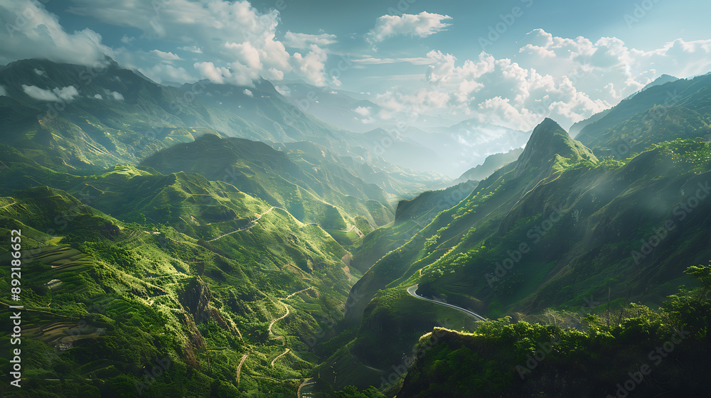a stunning mountainous landscape with a deep valley nestled between two large, rocky hills covered in lush green vegetation a stunning mountainous landscape with a deep valley nestled between two large, rocky hills covered in lush green vegetation
