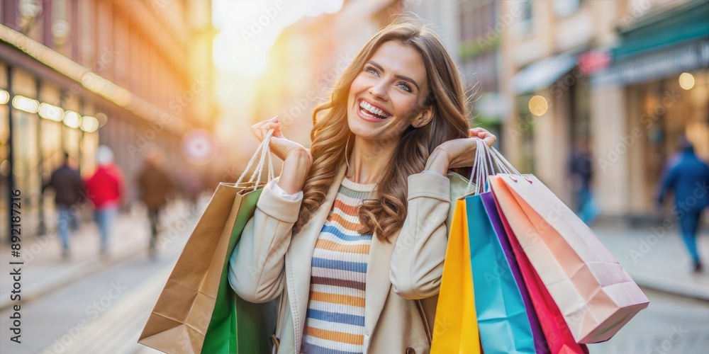 beautiful young woman with shopping bags walking on the street beautiful young woman with shopping bags walking on the street