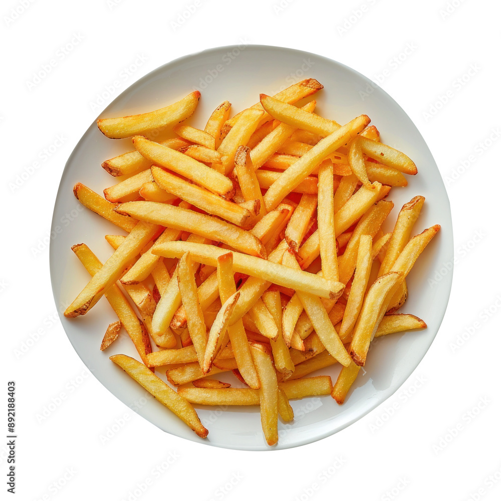 An image of a plate of crispy golden French fries arranged neatly on a white background. The fries are perfectly cooked, showcasing their crunchy texture and inviting appearance. Ideal for An image of a plate of crispy golden French fries arranged neatly on a white background. The fries are perfectly cooked, showcasing their crunchy texture and inviting appearance. Ideal for