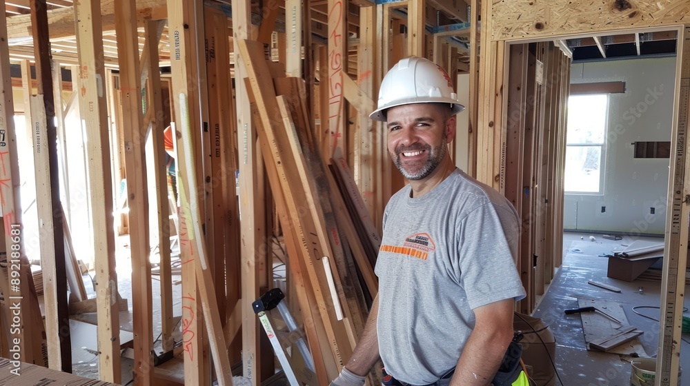 Smiling construction worker inside a building framework Smiling construction worker inside a building framework