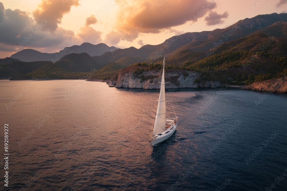 Obraz premium Sailboat at Sunset in a Calm Sea with Mountains in the Background