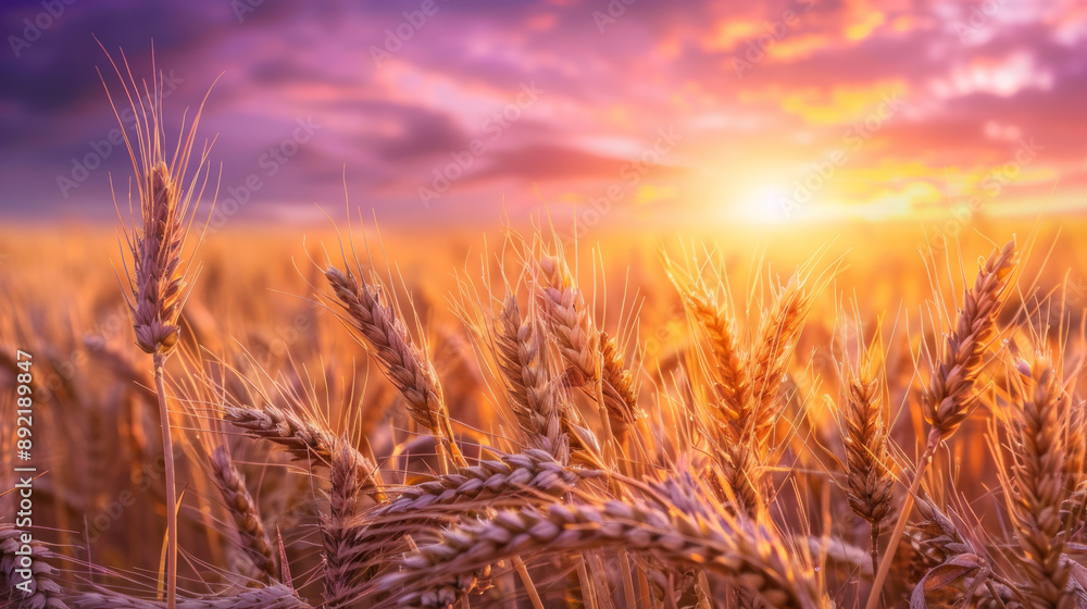 A field of golden wheat ready for harvest under a pink and purple sunset sky. A field of golden wheat ready for harvest under a pink and purple sunset sky.